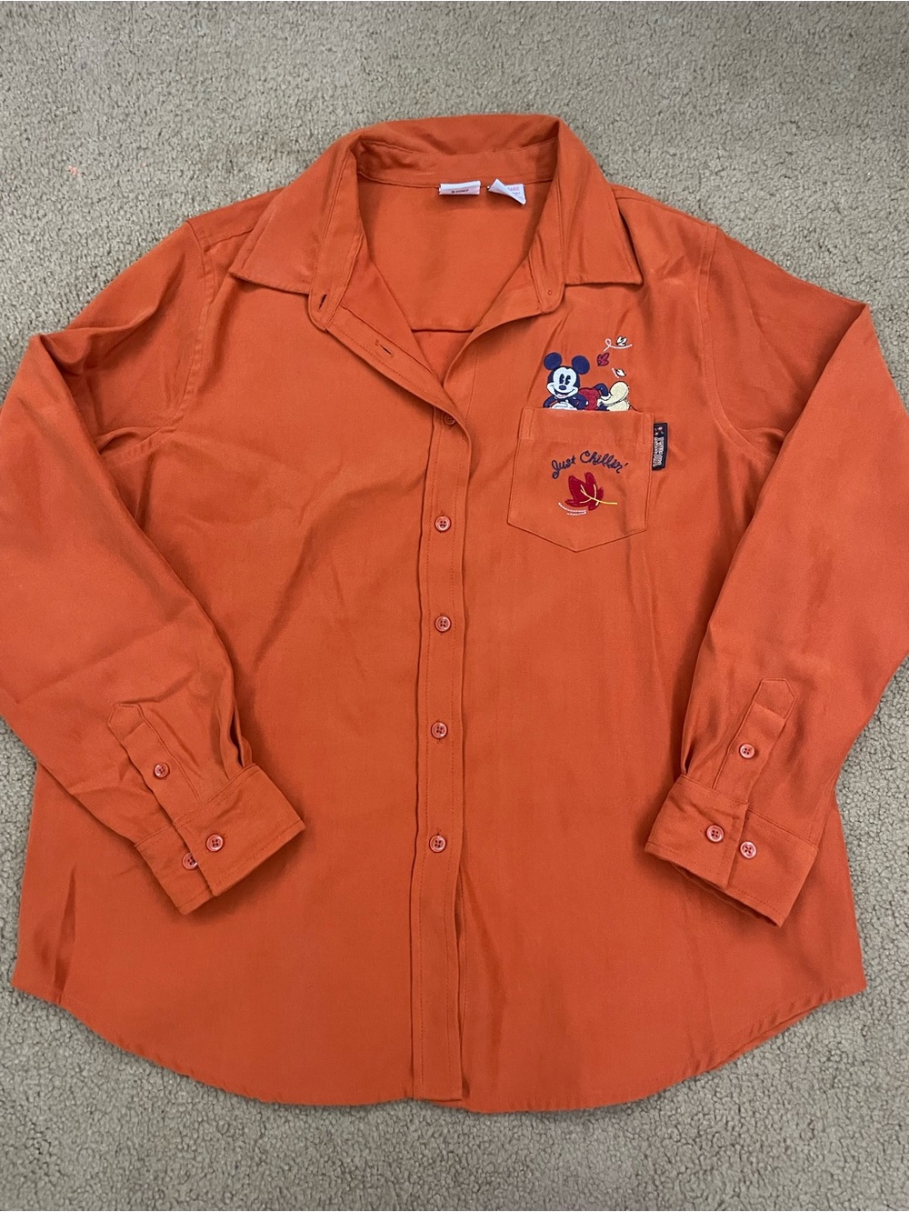 Disney Orange Long Sleeve Button-Up Shirt with Mickey Pocket Embroidery